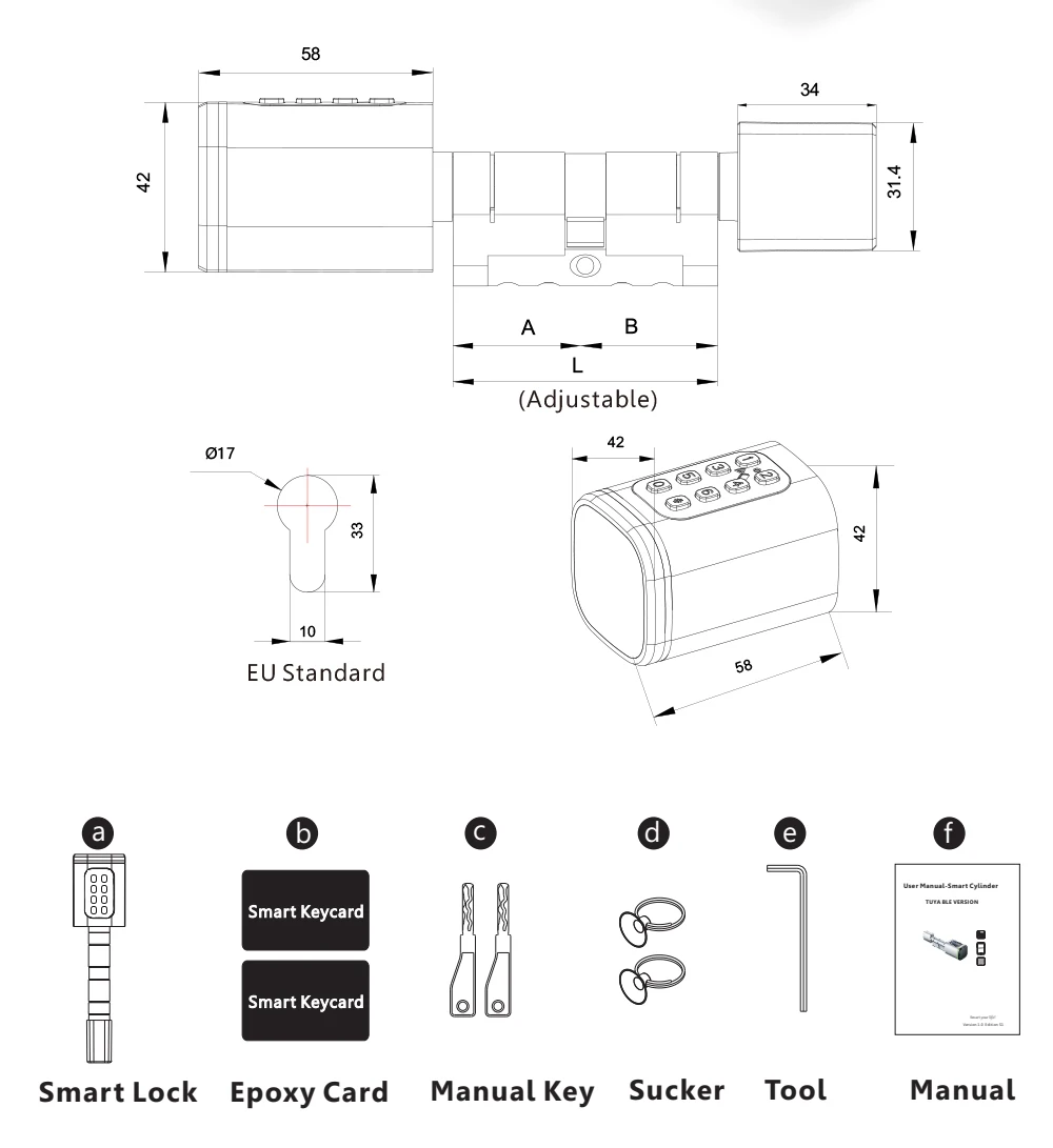 Smart Home Locks With Cylinder Adjustable Tuya App Password Portable Intelligent Lock