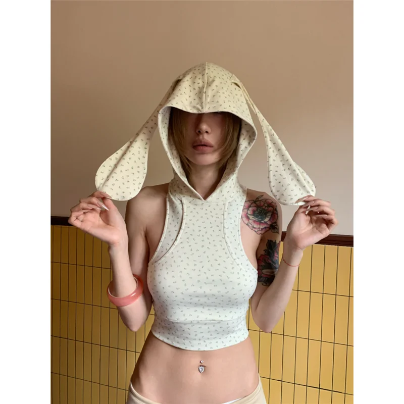 

Faionable Floral Crop Top with Rabbit Ears Design for Women Spring Summer Casual Sle Polyester Fiber round Neline
