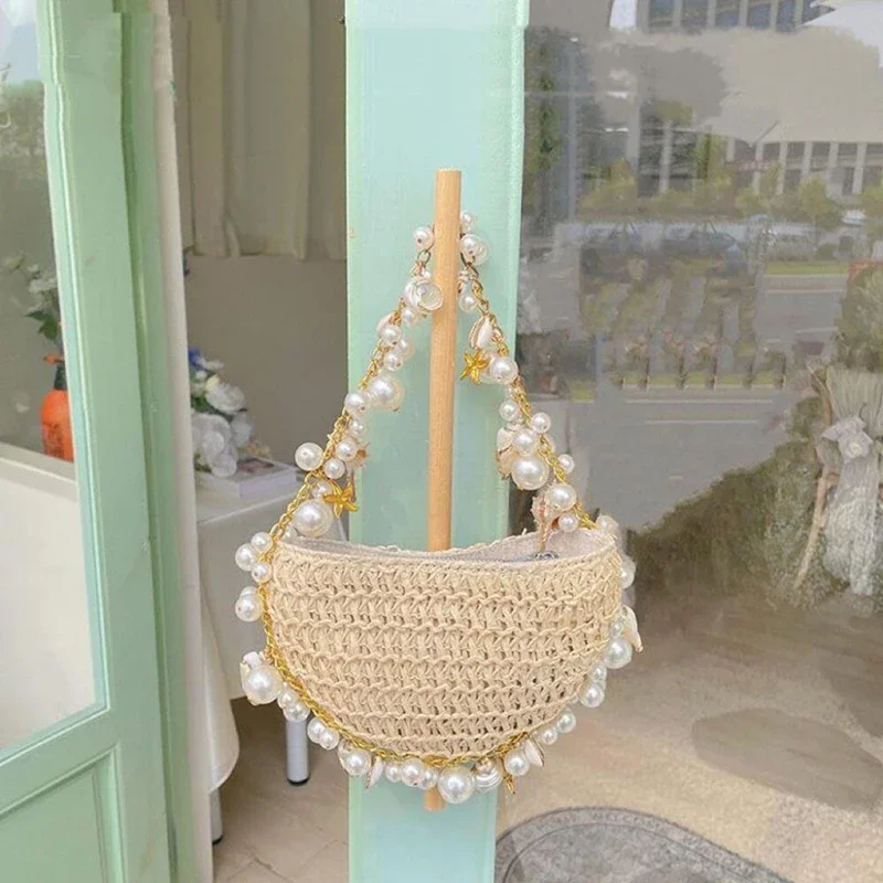 Bohemian Pearls Straw Bag Conch Starfish Women Handbags Half Moon BeachNew In Papyrus Woven Chain Beaded Trim Shoulder Bag