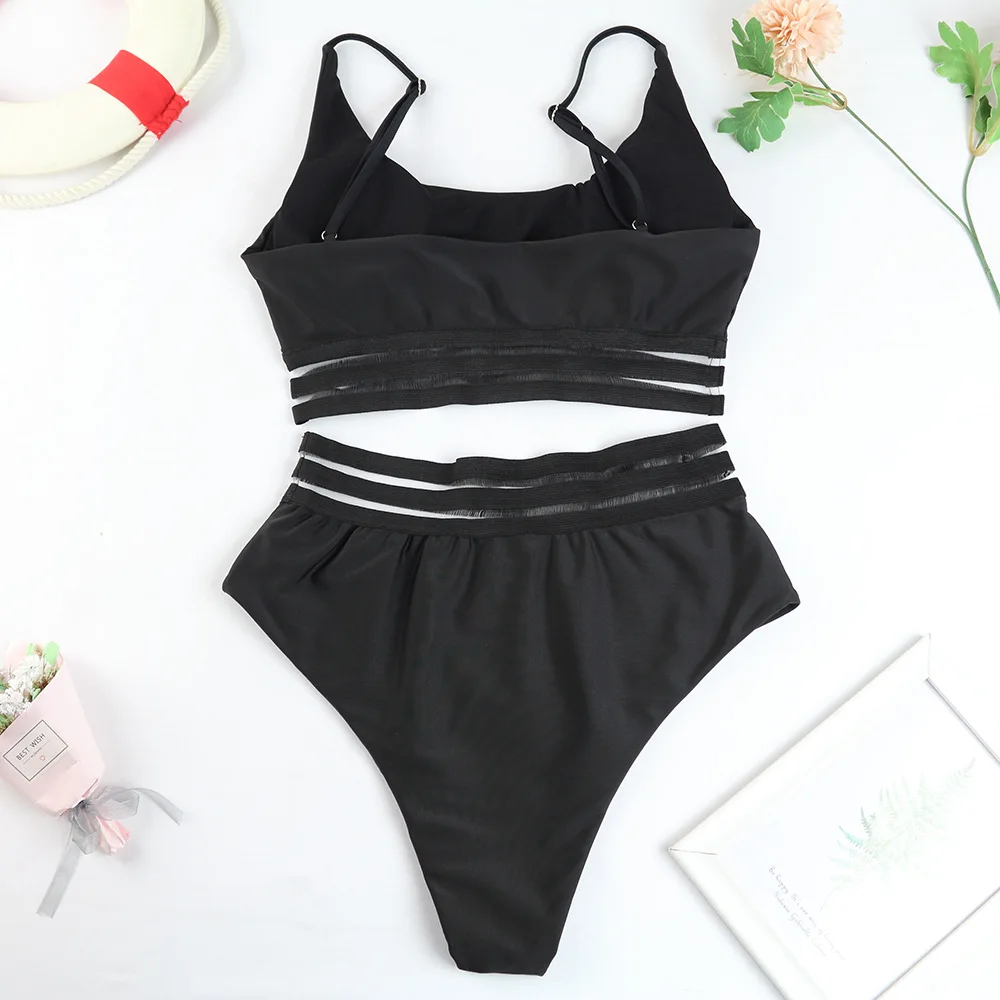 2024 Solid Color High Waist Bikini Set Sexy Bandage 2-piece Swimsuit Sport Tankini Suspender Swimwear Beach Bathing Suit New