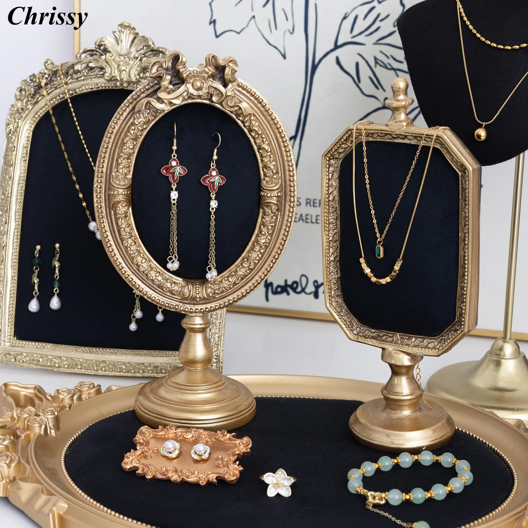 

Винтажная черная бархатная фоторамка для демонстрации ювелирных изделий, универсальная портативная подставка для ожерелья и сережек, ринковая стойка для прямой трансляции