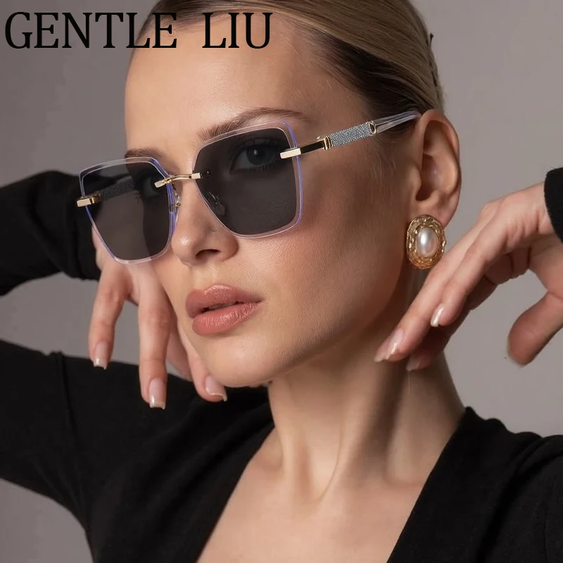 

Punk Square Rimless Change Color Sunglasses Women 2025 Luxury Brand Vintage Anti Blue Light Prescription Computer Read Glasses