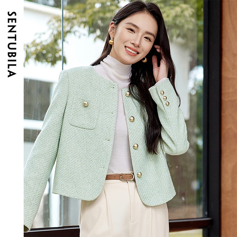 

SENTUBILA Элегантный укороченный твидовый пиджак 2220, весна-осень, шикарный французский стиль, зеленая легкая верхняя одежда, женская одежда 151W57424