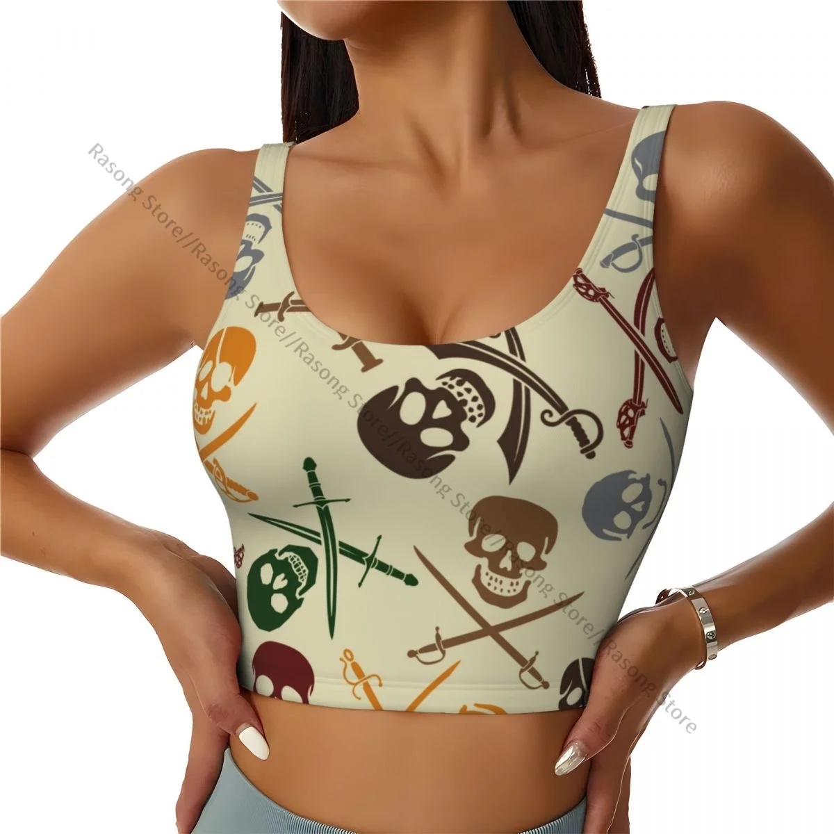 Sports Bra Women Running Yoga Clothes Vest Pirate Skulls With Crossed Swords Pattern Gathering Fitness Vest