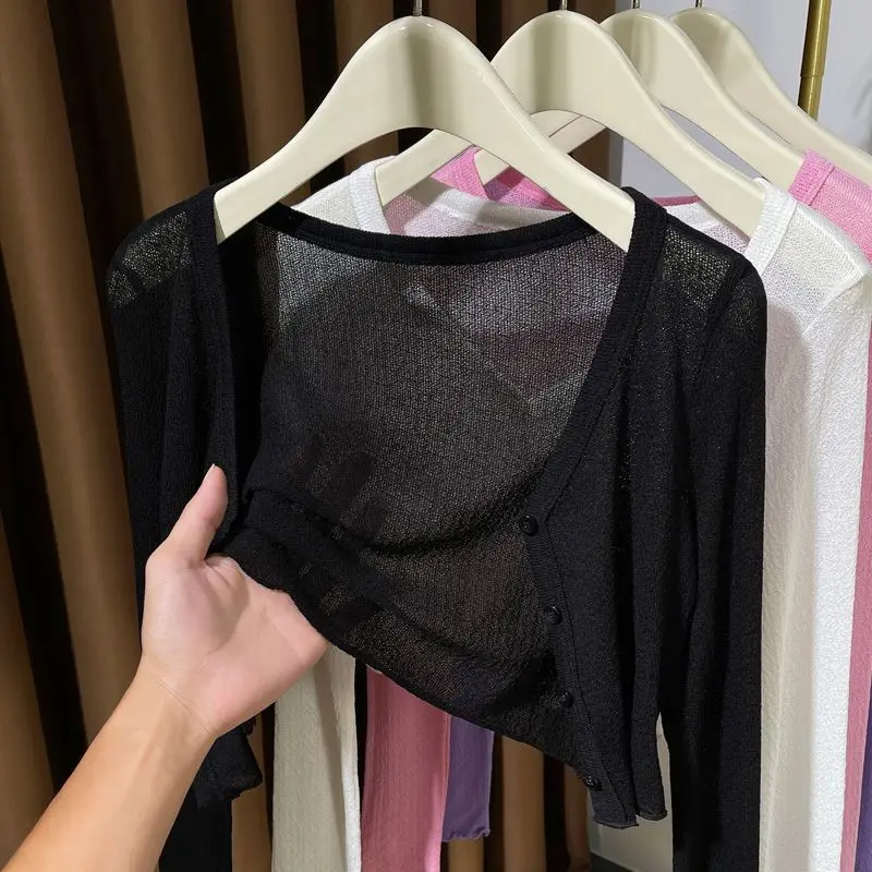 

plus Size Ice Silk oulder Wrap Sun Protection Clothing Women's Knitted ort Thin Outerwear Spring Summer V-ne Long Sve