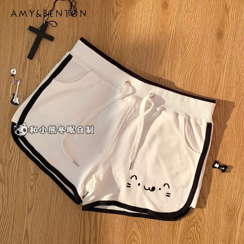 Two-dimensional Japanese Cartoon Printed Casual Shorts Cat Cute Versatile Kaomoji Elastic Waist Sports Shorts Women Summer New