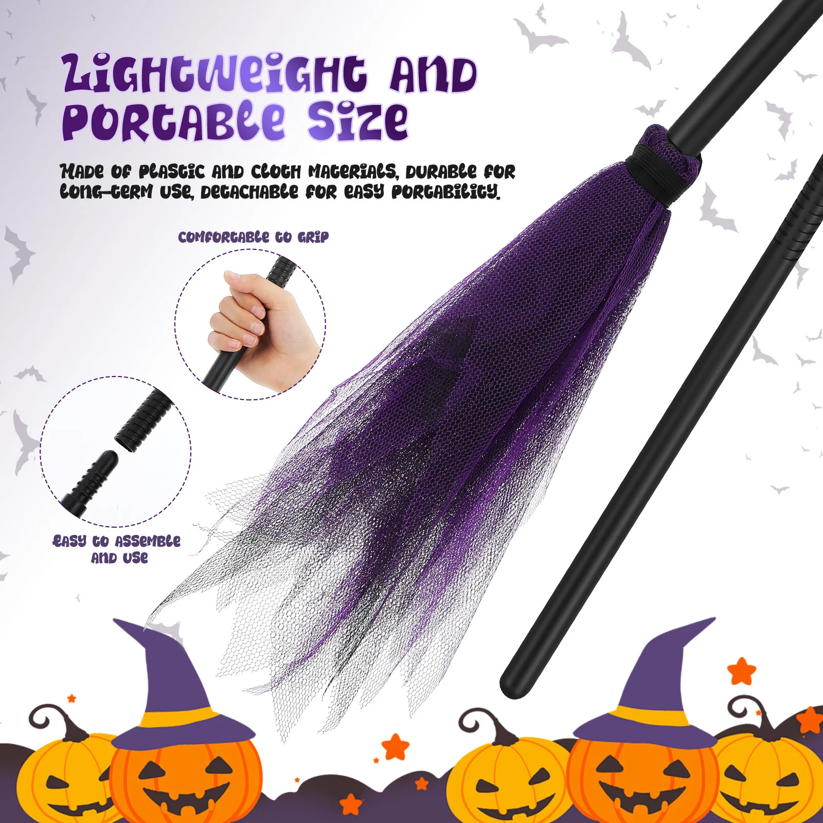 Balai de sorcière d'halloween léger, accessoire de balai en tissu plastique Portable pour enfants, femmes et hommes, décor du Center d'attention du Costume