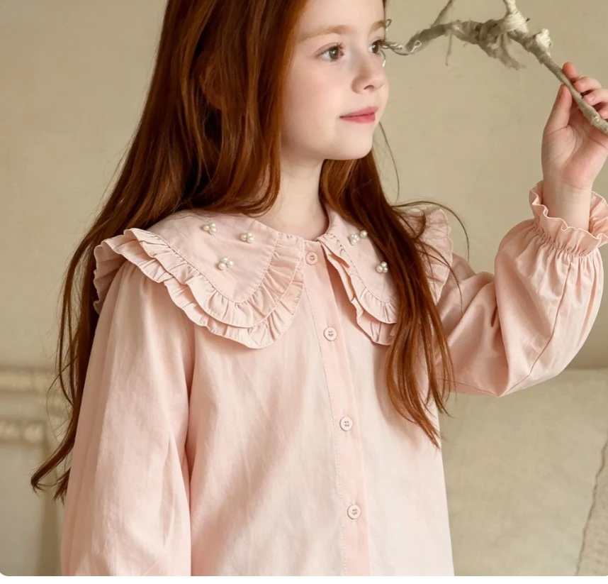 Girls' Spring and Autumn Shirt Korean Long Sleeve White Shirt Children's  Children's Double layered Baby Collar Bottom