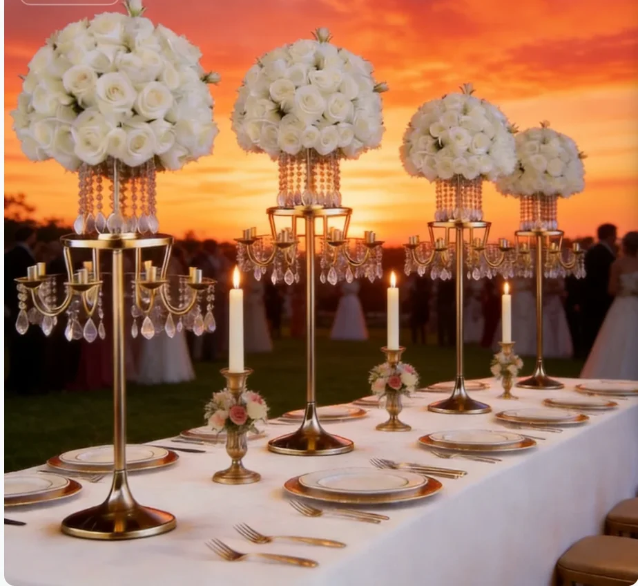 4-Pack Gold 8-Arm Metal Candelabra - Crystal Candle Holders Elegant Table Centerpieces for Weddings, Birthday Parties, Events an