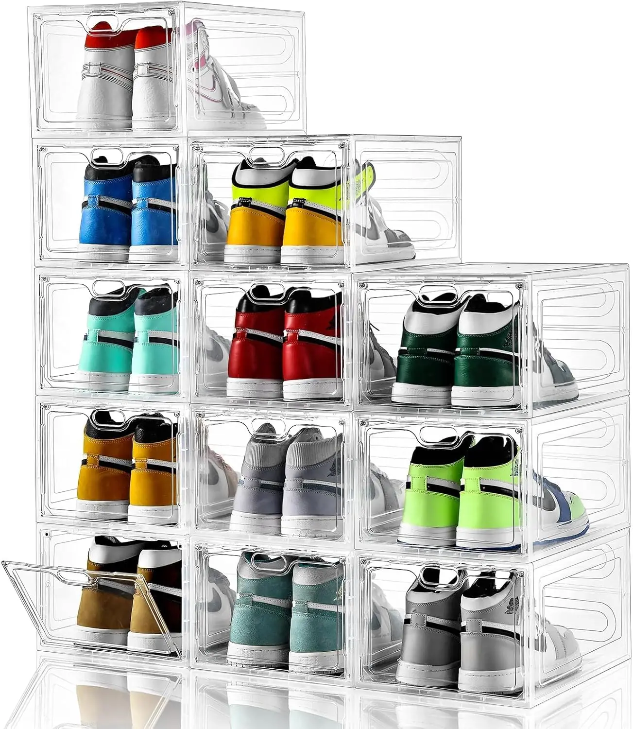 

12 Pack Clear Shoe Storage Box with Magnetic Door, Stackable Organizer for Sneakers up to US Size 12, Easy Assembly