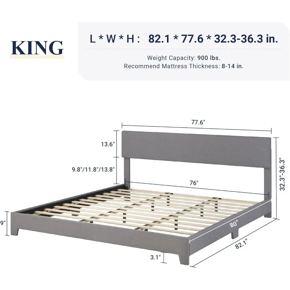 King Size Platform Bed Frame with Adjustable Upholstered Headboard, Strong Wood Slats, Heavy Duty Mattress Foundation,Light Grey