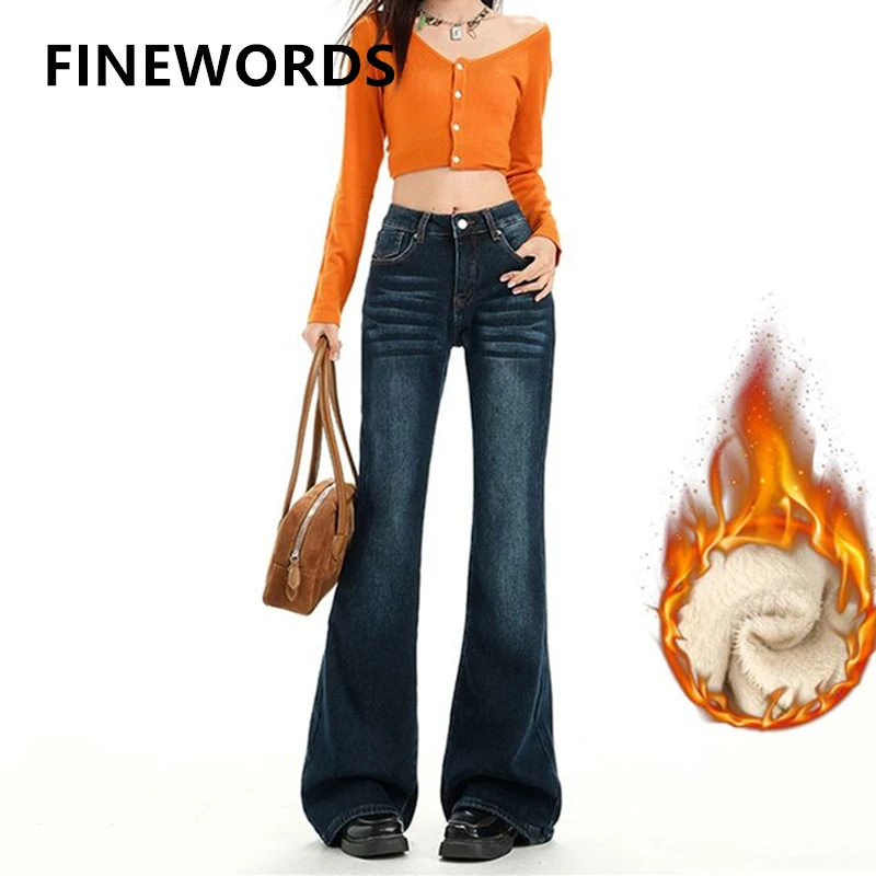FINEWORDS 빈티지 한국 겨울 캐시미어 플레어 청바지 여성 캐주얼 하라주쿠 따뜻한 청바지 스트리트웨어 하이 웨이스트 벨 바텀 청바지