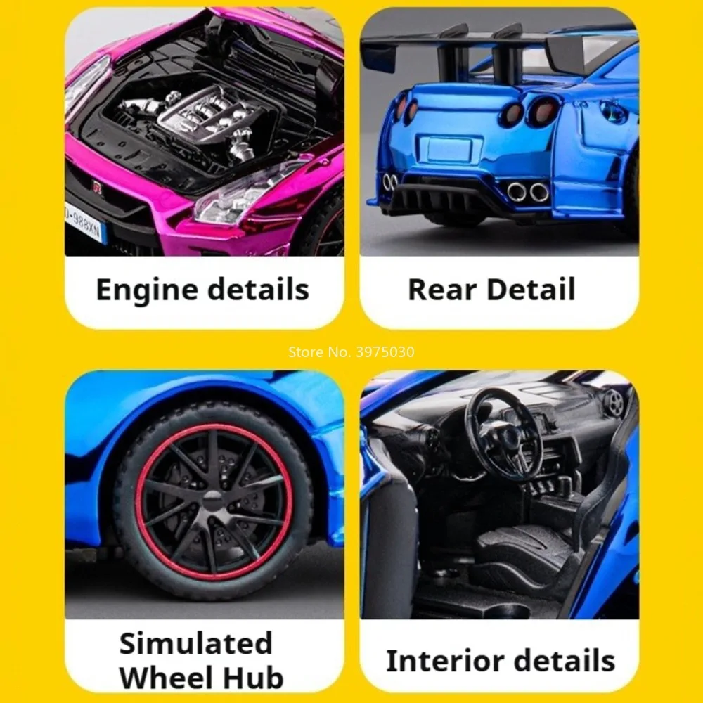 1:32 Nissan GTR-modellen Auto's Speelgoed Legering Diecast met lichte muziek Miniatuur sportwagen Terugtrekvoertuigen voor kinderen Educatie