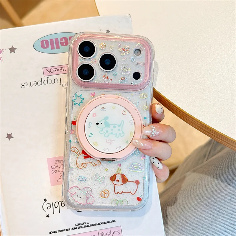 

Compatible Phone Case with 360° Rotatable Stand Cute Puppy Print For iPhone 15 16 17 Pro Max Clear Glitter Shockproof Cover