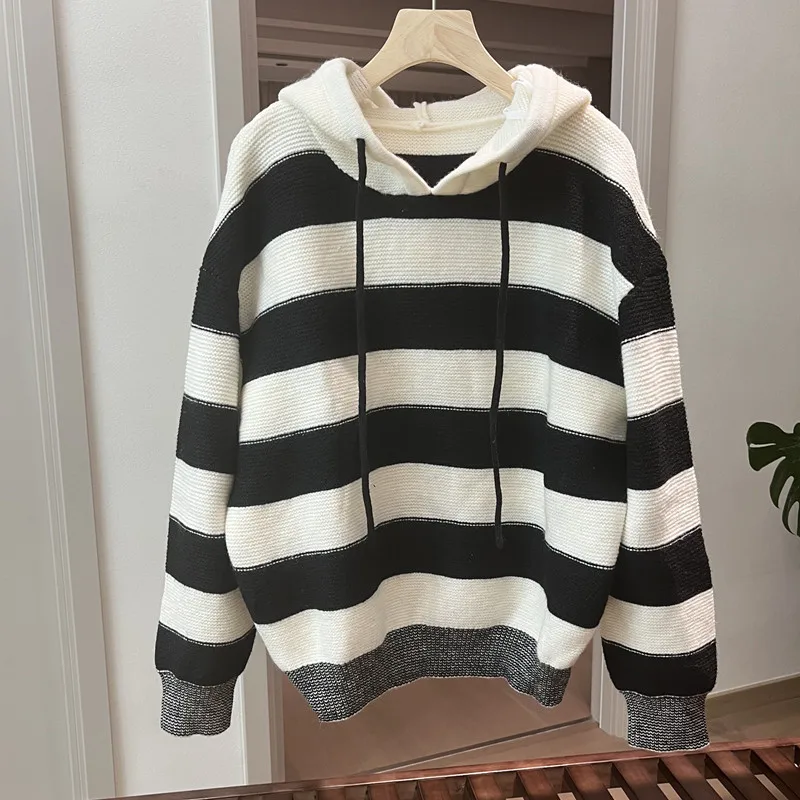 Suéter de Punto Hoado para Mujer, Estilo Casual, a Rayas, Ropa Exterior de Otoño 2025, Suda con Capucha de Moda para Mu...