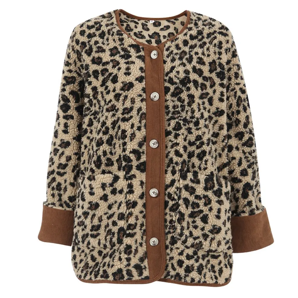 

Women's European American Style Fleece Leopard Print Coat Warm Loose Lamb Cashmere Autumn New Fashion Outerwear