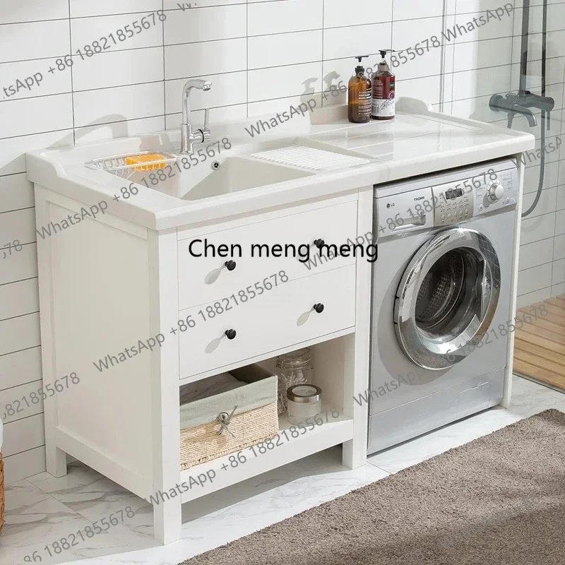 

New arrrive Nordic solid wood laundry cabinet balcony combination significant other washing machine cabinet washbasin sink basin