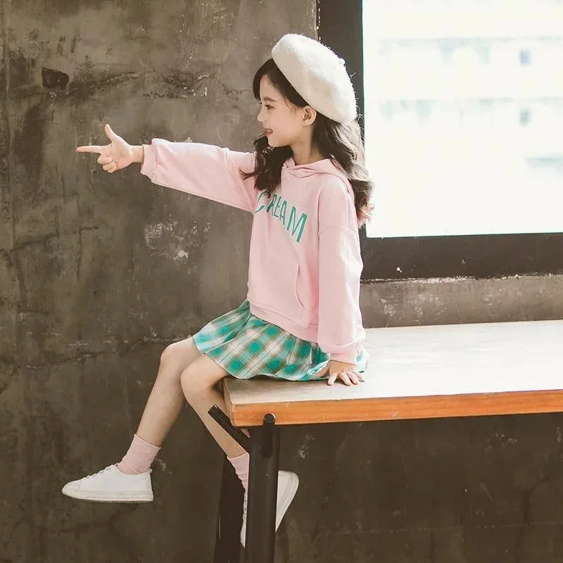 أطفال بنات ملابس مطوي فستان فتاة مقنعين البلوز وهمية قطعتين فستان 3 4 5 6 7 8 9 10 سنوات