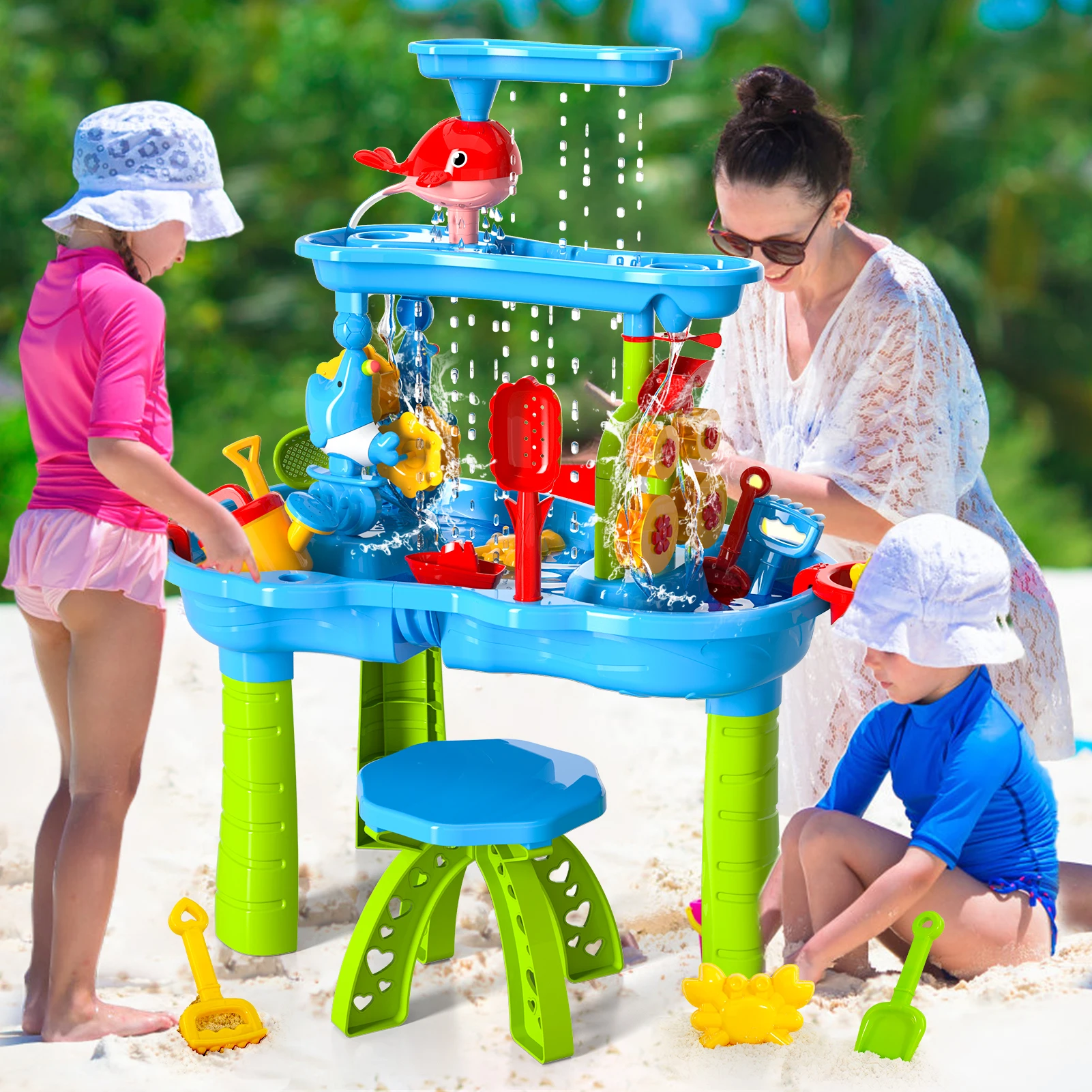 Zandwatertafel voor kinderen, 3-laags zand- en waterspeeltafel, speelgoed voor kinderen, strandspeelgoed, speeltafel, buitenspeelgoed