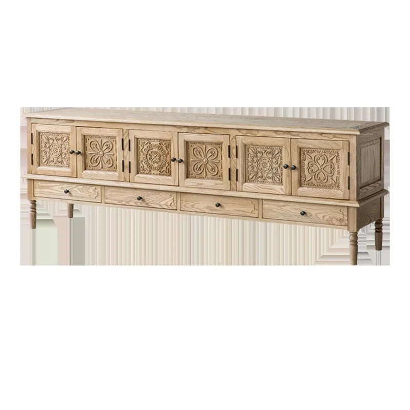 

Vintage pastoral solid wood carving flower TV cabinet combination oak wabi sandy wind