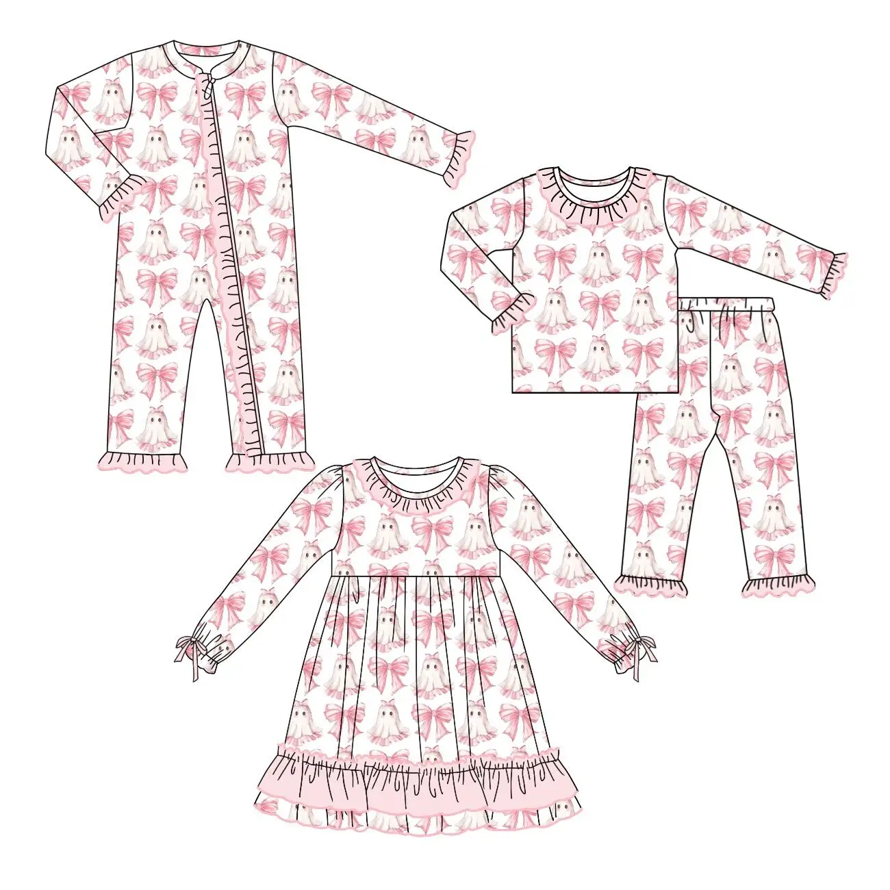 Halloween boutique children\'s suit long-sleeved lace ghost pink bow printed trousers lace girls pajamas set baby zipper jumpsuit