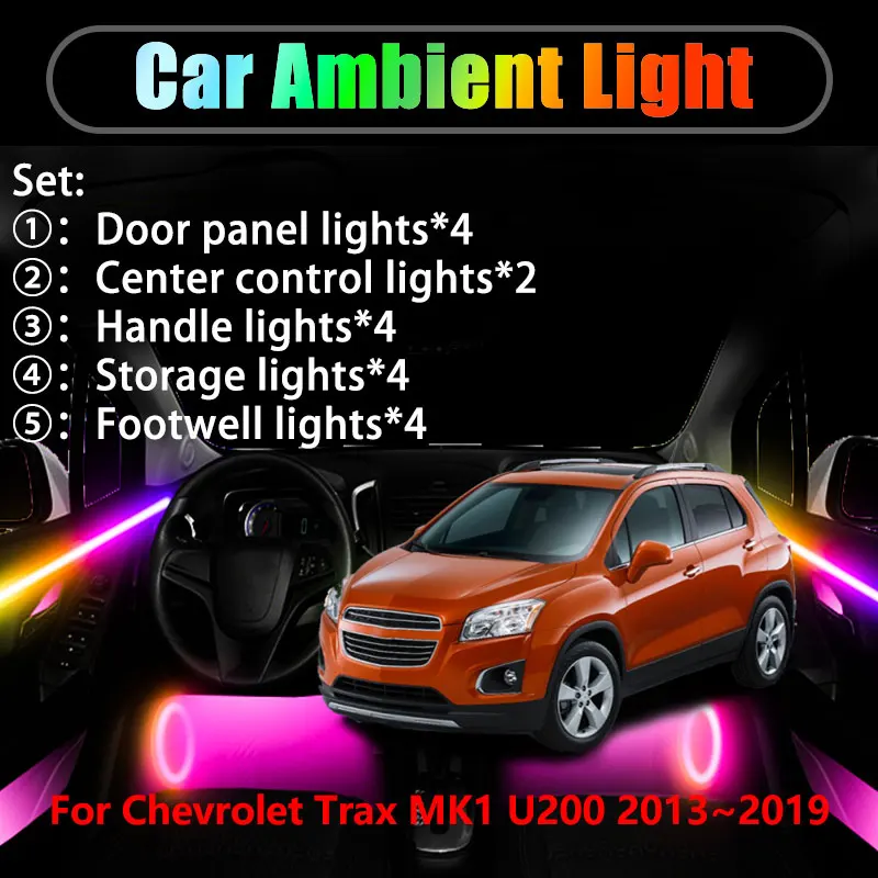 

Для Chevrolet Trax MK1 U200 2013 ~ 2019 2/18 в 1, автомобильное окружающее освещение, светодиодные внутренние светодиодные фонари багажника, USB RGB Ensemble Streamer
