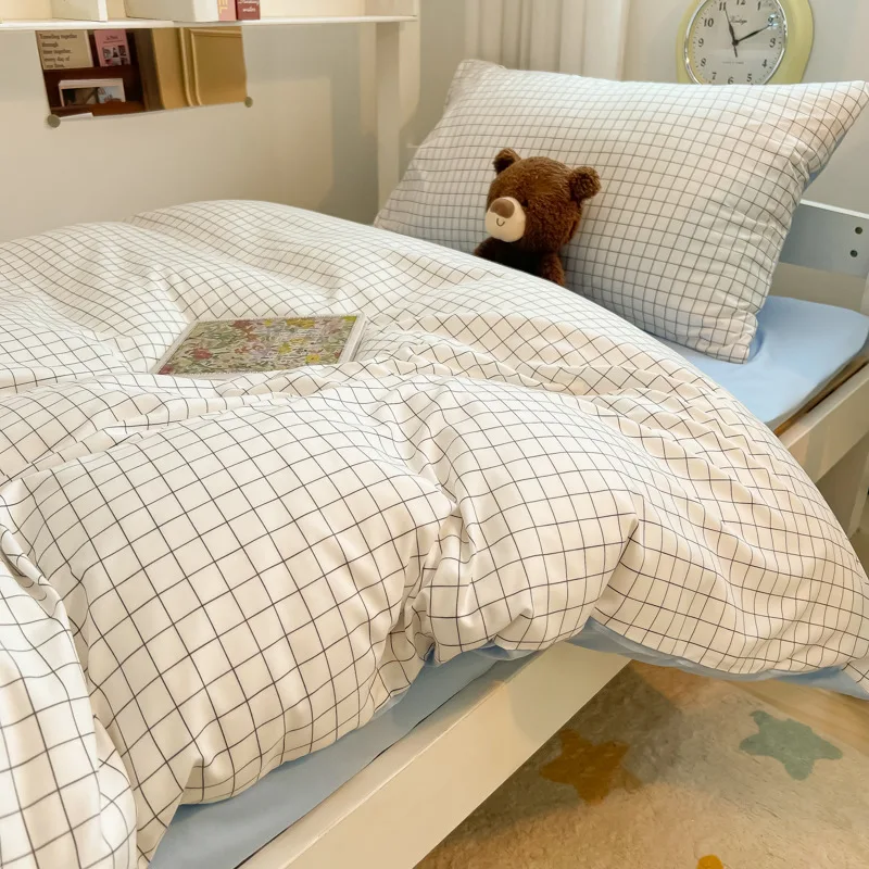 skin-friendly washed cotton plaid pattern student bed three-piece bed sheet four-piece quilt cover dormitory