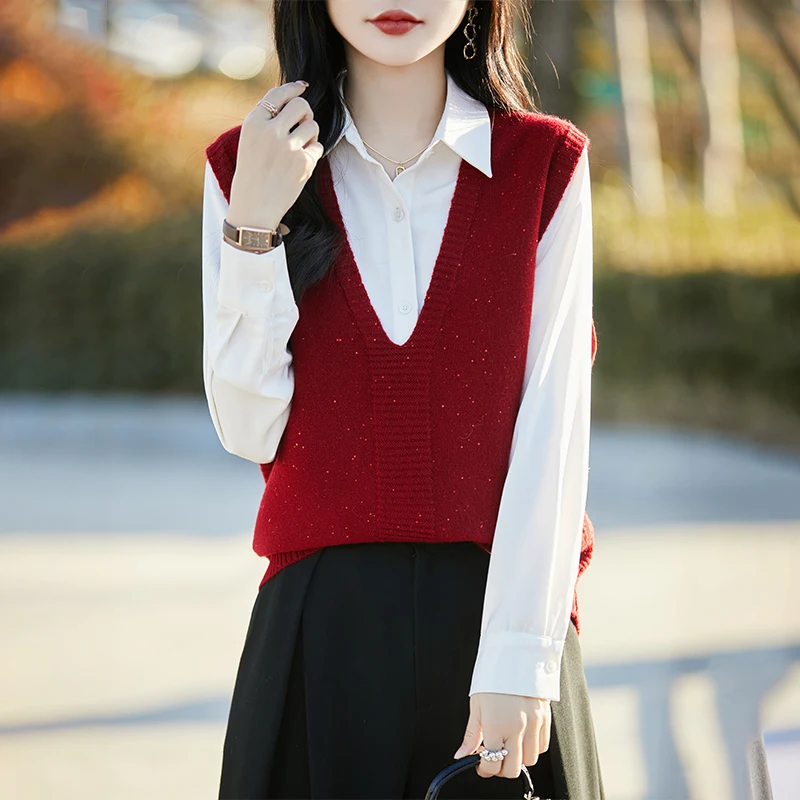 Classic Big V Collar Australian Wool Vest Women's knitting NEW Pullover Sequin decoration Sleeveless High quality Loose Tops