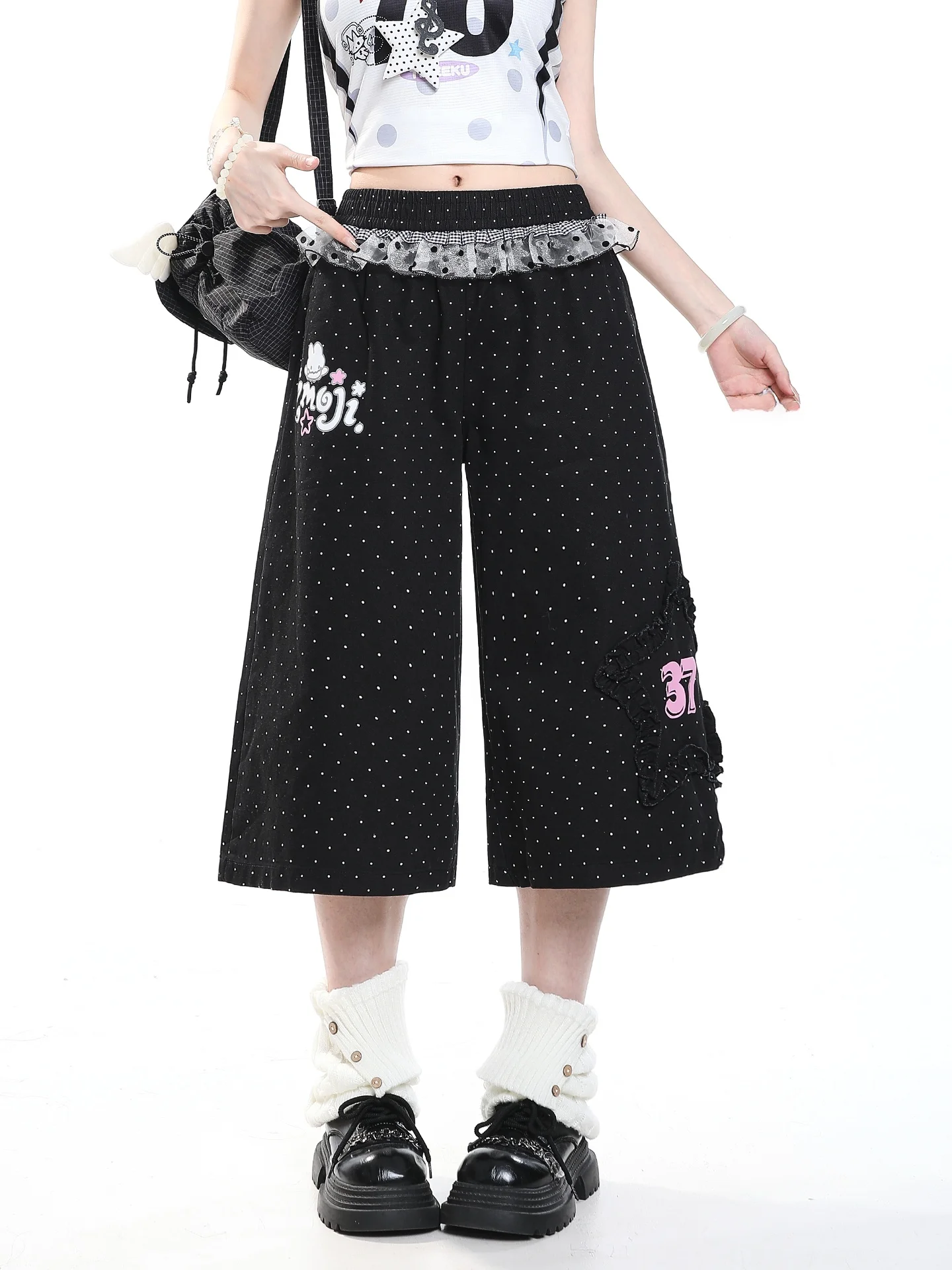 Summer Women's Loose Fit Casual Design Straight Leg Short Jeans Lace Trim Polka Dot Denim Seven-Foot Pants Elastic Waist