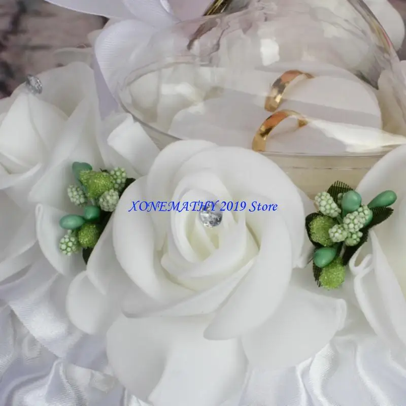 

F42F Wedding Ring Pillow Heart Ring Box Green Rose Flowers Ring Box for Wedding Valentine's Day Christmas Gifts