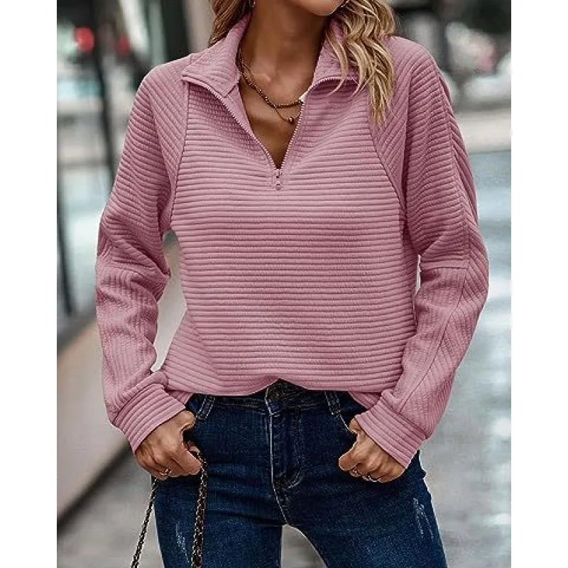 2023 New Autumn and Winter Fashion Knitwear Zippered Sports Women's Casual Long Sleeved Solid V-neck Loose Pullover Sweater