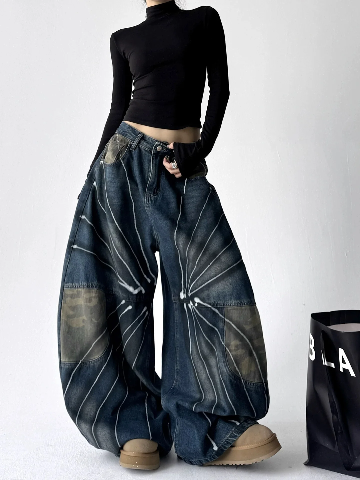 Y2k americano retro jeans feminino lavado camuflagem outono inverno cintura alta solto ajuste curvo calças versáteis na moda