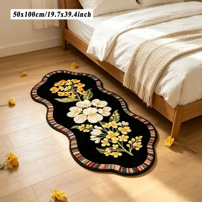 VIKAMA Black Floral Waves Flannel Bedside Rug for Bedroom Long Runner Mat Plush Cozy Aesthetic Washable Home Decor