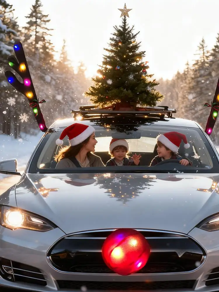 قرون الرنة سيارة مع ذيل الأنف تضيء زينة عيد الميلاد للسيارات شاحنة سيارة SUV سقف النافذة الخارجية #2