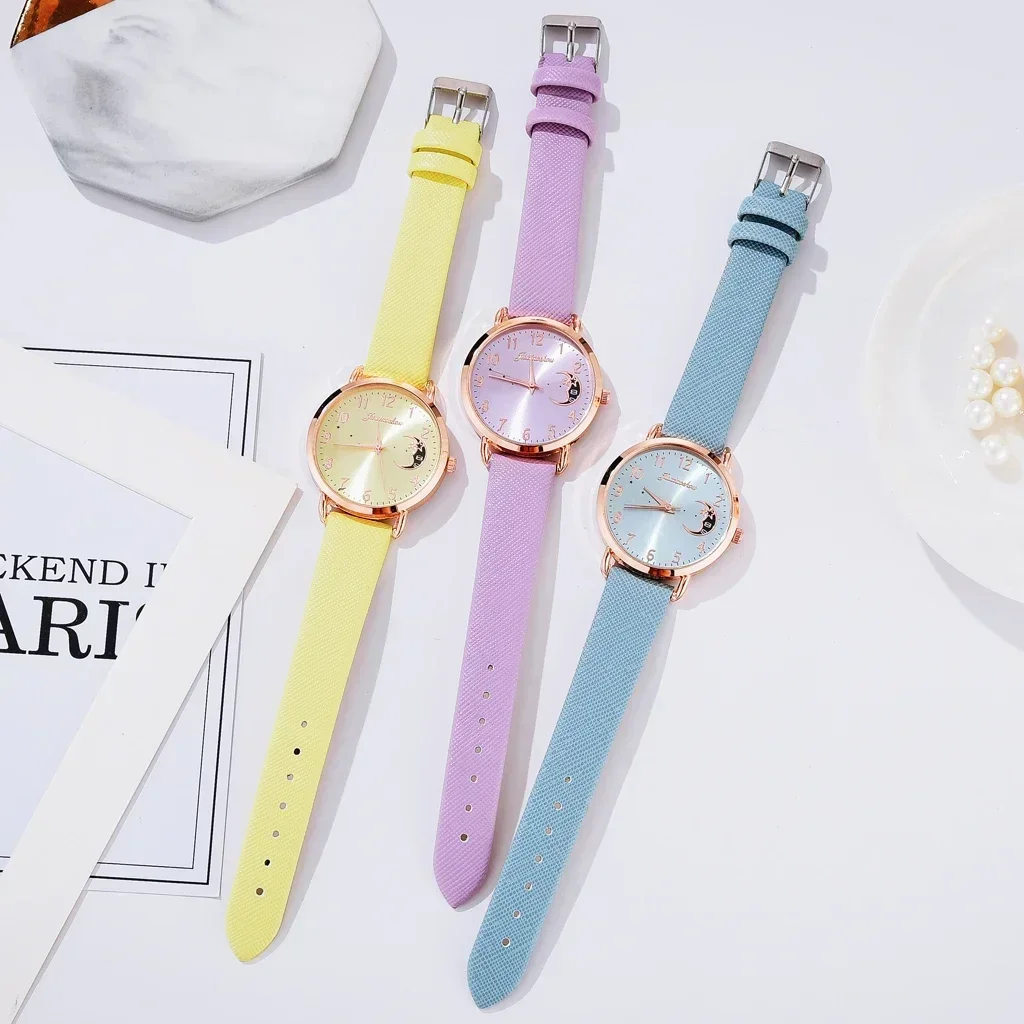 Women Watch Moon Numbers Dial Bracelet Watches Set Ladies Leather Band (No box)Fashion Watch