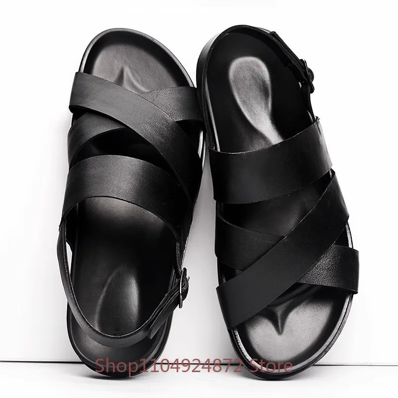 Roman Sandals Summer Genuine Leather British Style Men's Shoes Casual Trendy Breathable Non Slip Open Toe Beach Sandals Male