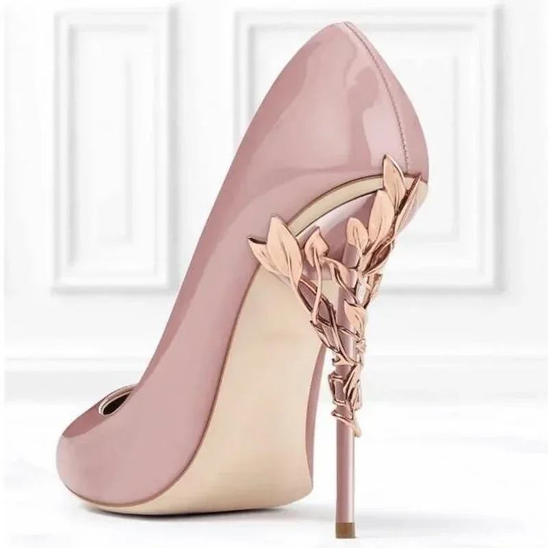 

Gold Leaves Pumps Metal Heel Pink Blue Patent Leather Stiletto Heels Dress Shoes Pointed Toe Wedding Bride Shoes Customized