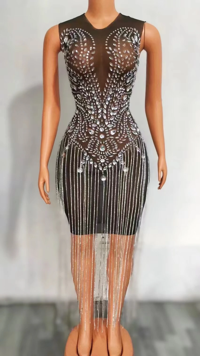 

Silver Rhinestones Chains Fringes TransparentDress Evening Birthday Celebrate Costume PromParty Dancer Show Dress A103