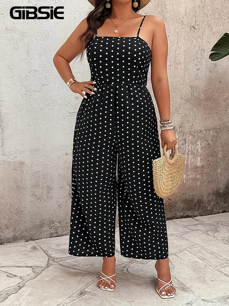 GIBSIE Plus Größe Polka Dot Fliege Rückenfreie Overall Frauen 2026 Sommer Neue Strand Urlaub Stil Casual Damen Breite Bein Overalls