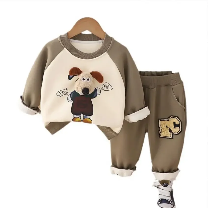 Boys Autumn Winter Outfits Sets 1 To 2 Years Kids Baby Clothes Cartoon Velvet Dog Sweatshirt And Pants Toddler Infant Clothing