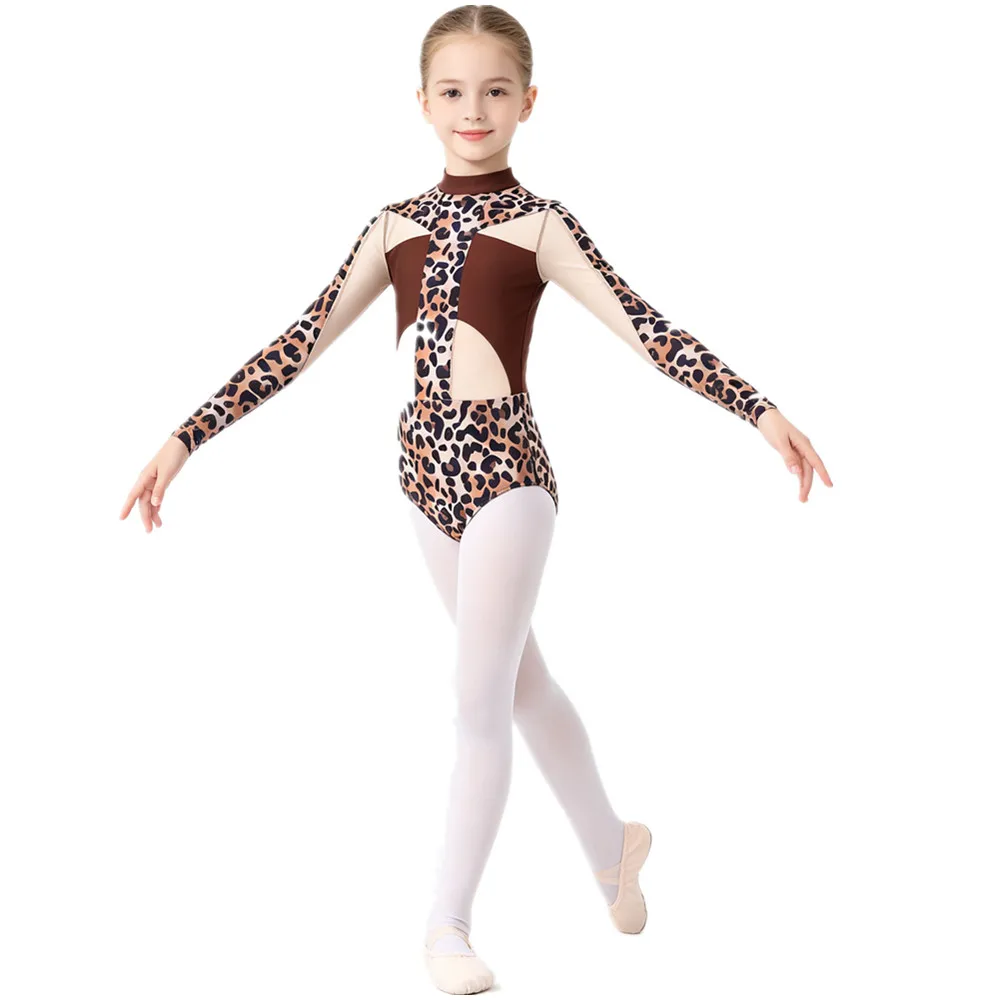 Kids Girls Ballet Dance Gymnastics Figure Skating Acrobatics Bodysuit Long Sleeve Printed Sheer Mesh Patchwork Yoga Leotard