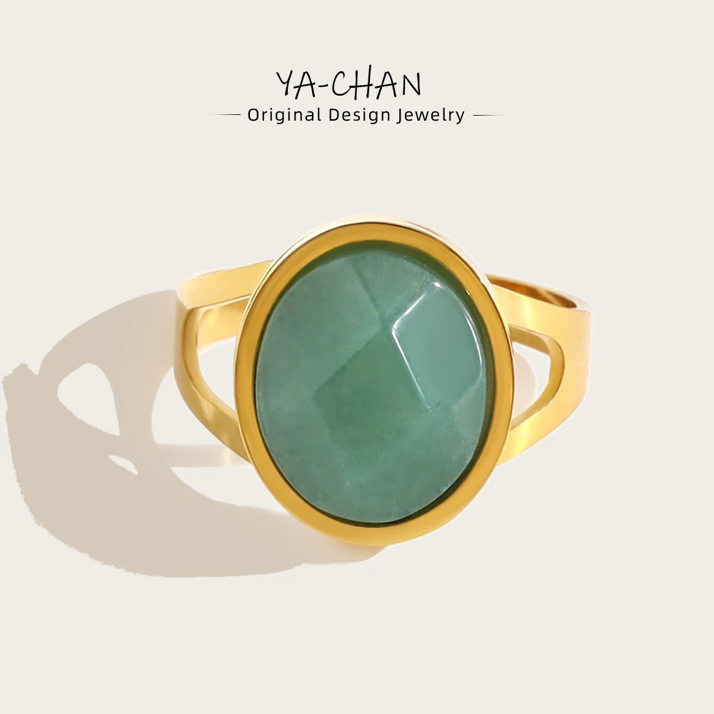 

YACHAN Vintage Natural Stone Stainless Steel Rings for Women Chic Luxury 18K Gold Plated Waterproof Jewelry