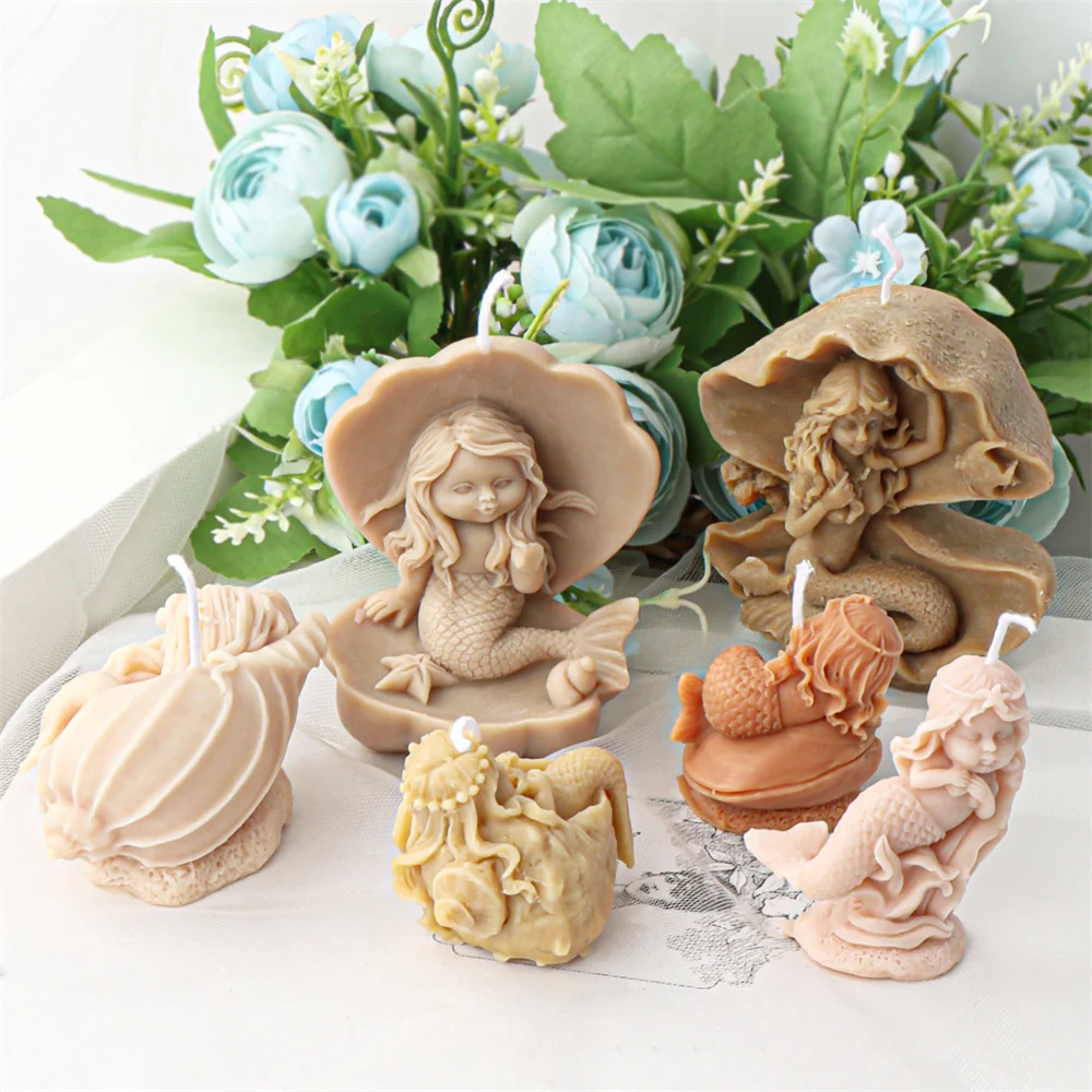 3D Mermaid Candle Silicone Mold Mermaid of Shell Desig Aroma Soap Resin Plaster Mould Sleeping Baby Mermaid Soap Mold Home Decor
