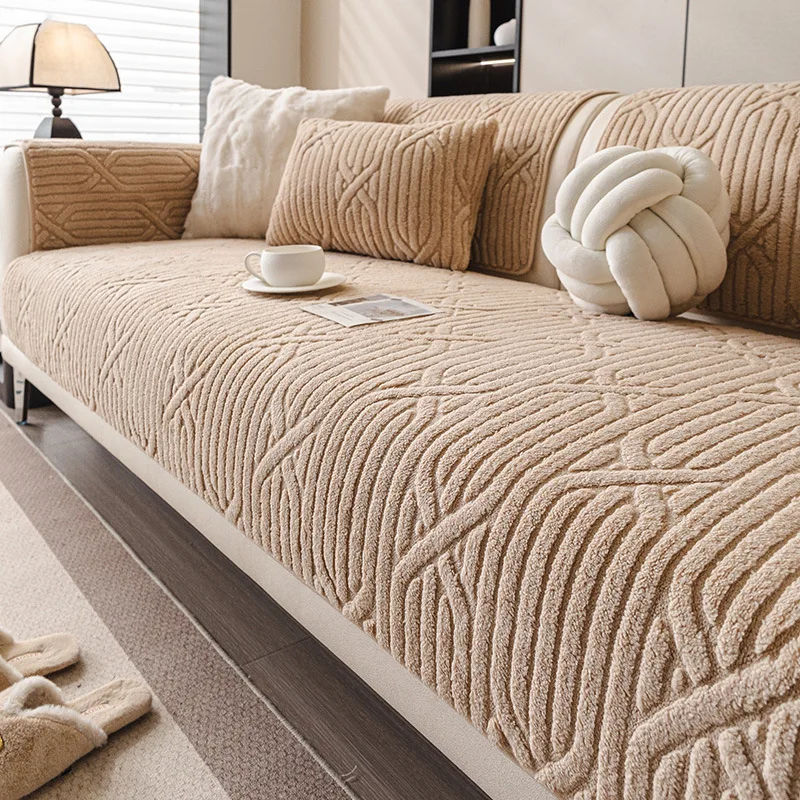 Simple Solid Striped Jacquard Sofa Cover Soft Cozy Seat Cushion for Living Room Office Sectional Anti Slip Plush Couch Slipcover