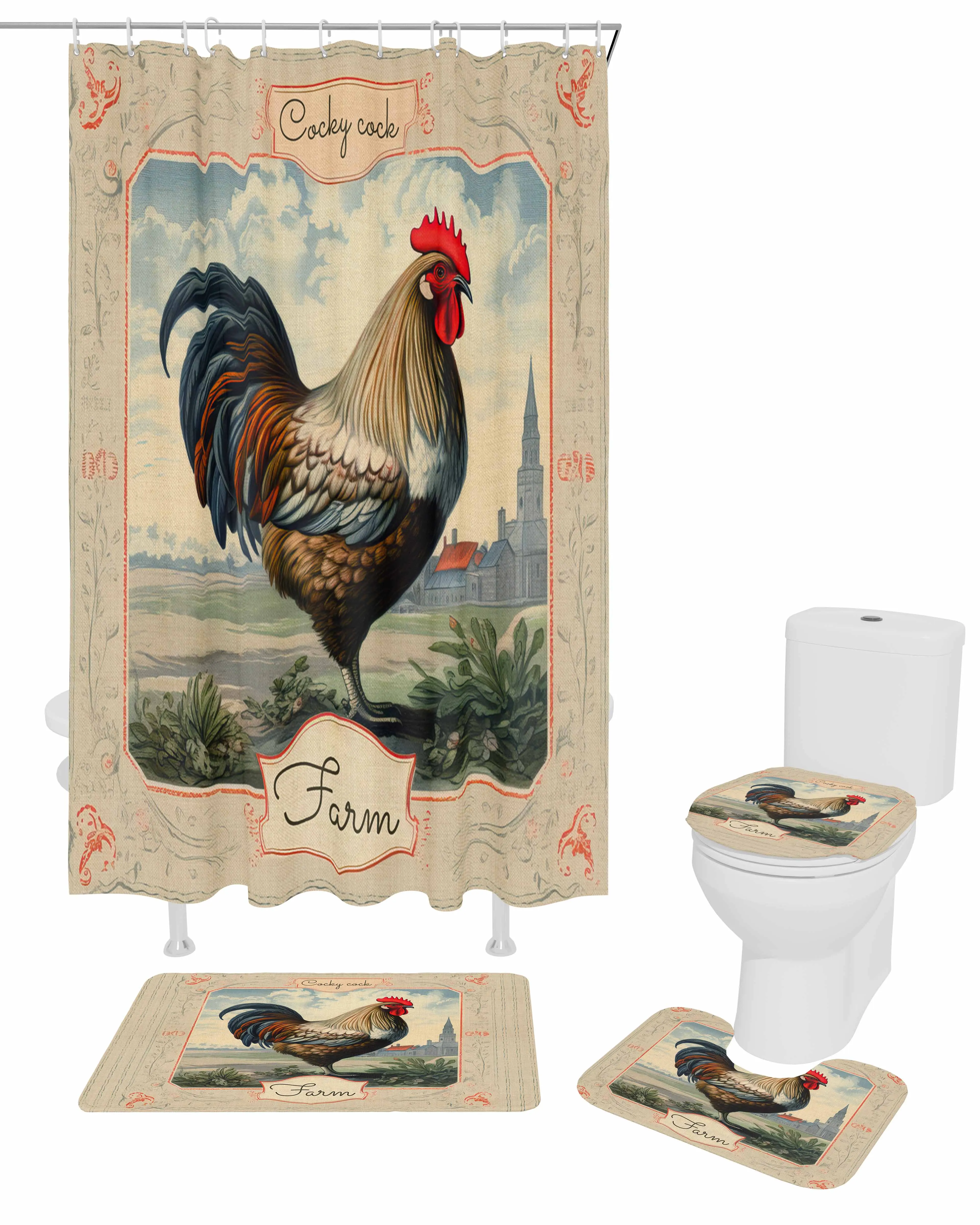 Animal Rooster Farm Shower Curtain Non-Slip Rugs Toilet Lid Cover and Bath Mat Bathroom Curtains with Hooks