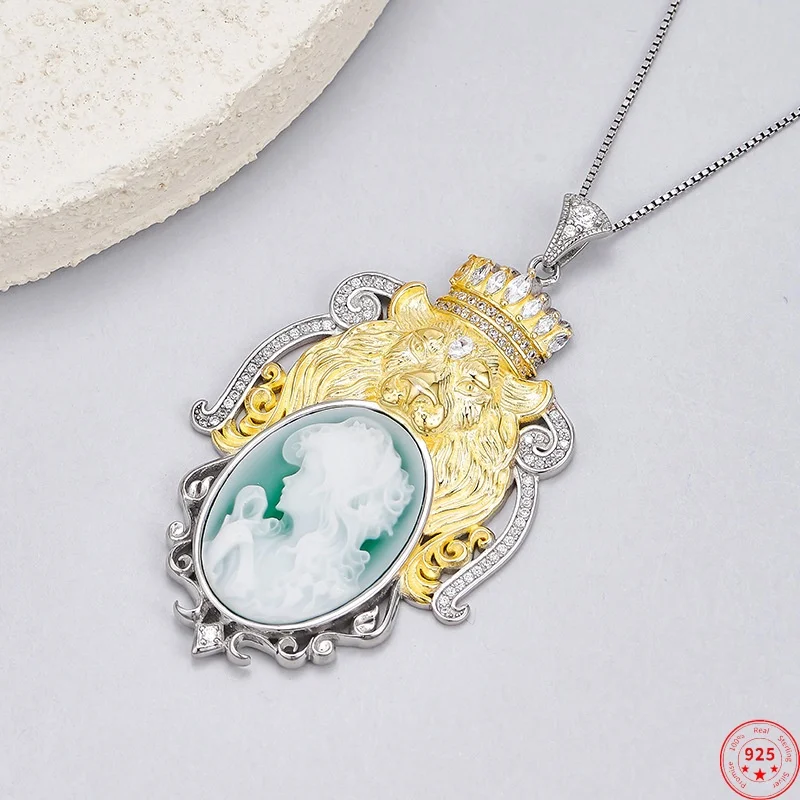 

Подвески из стерлингового серебра 925 пробы для женщин, позолоченная голова льва, инкрустация агатом, портрет красоты, камея, очаровательный амулет, ювелирные изделия, оптовая продажа