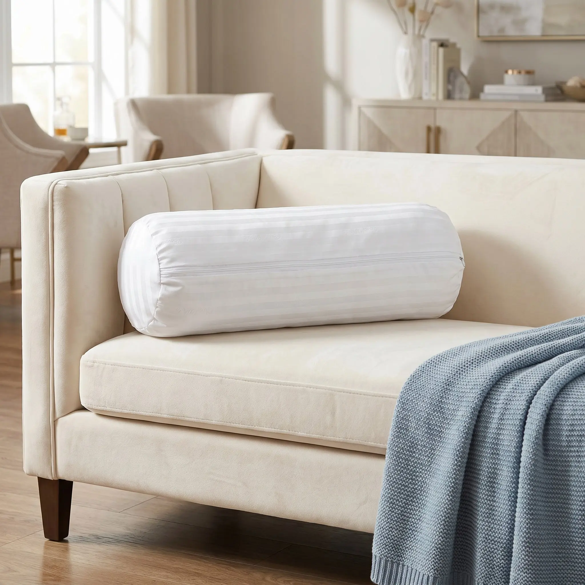 2pcs Cervical Neck Roll Pillow Cover White Cylinder Bolster Pillowcase with Zipper Removable Round Throw Pillow Case Cover