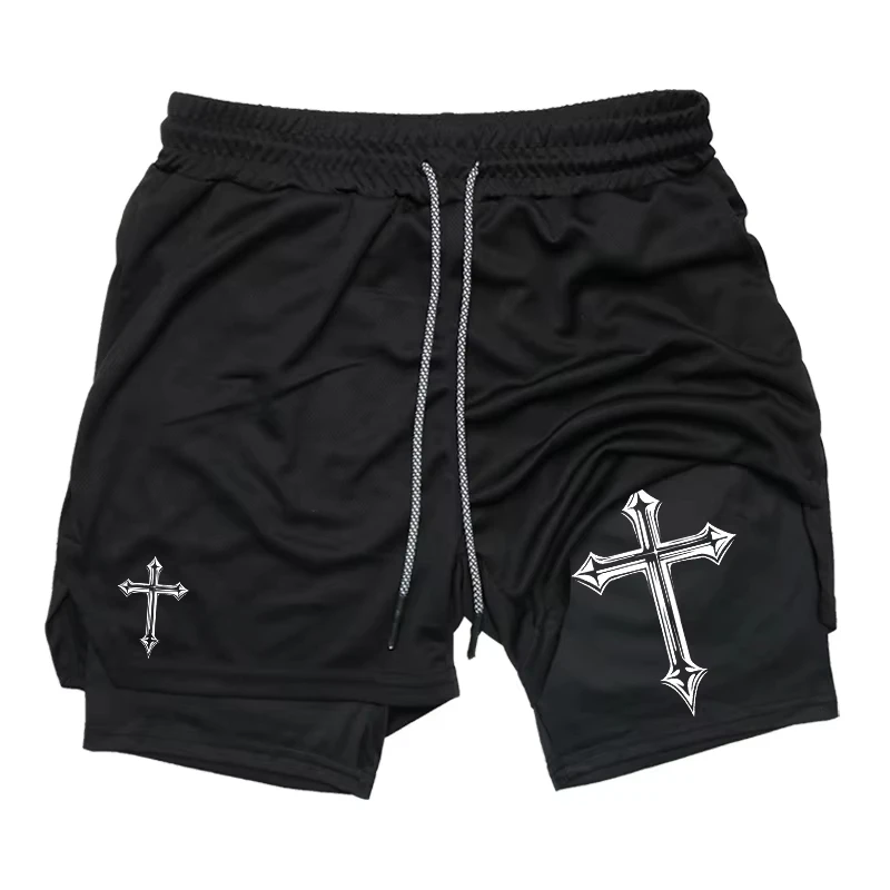 Men's cross printed 2-in-1 training shorts with compression lining, Christian gym sports shorts, phone pocket, towel buckle, run