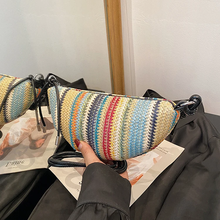 

Rainbow Straw Woven Dumpling Crossbody Bag Bohemian Handmade Crescent Shoulder Bag for Women