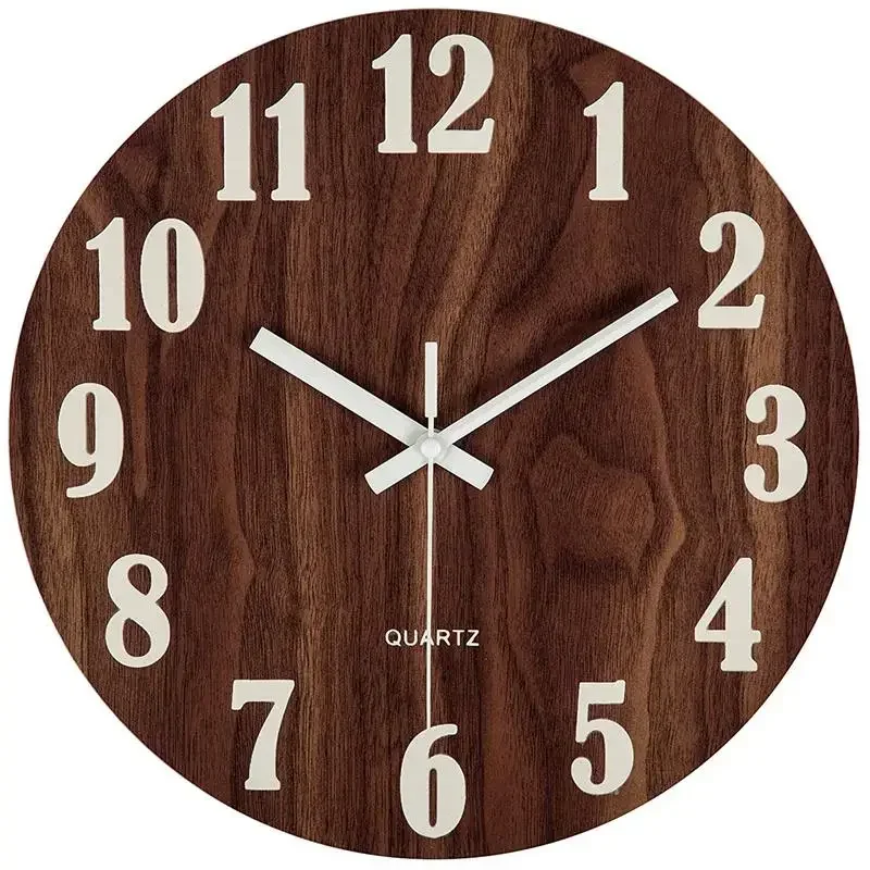 Original 12 Inch Brown Night Light Function Wooden Wall Clock Vintage Rustic Country Tuscan Style For Kitchen Office Home Silent